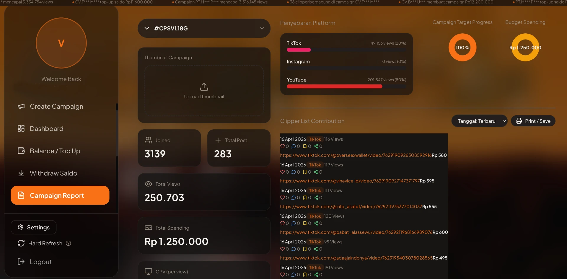 Preview dashboard campaign Communal Clipper